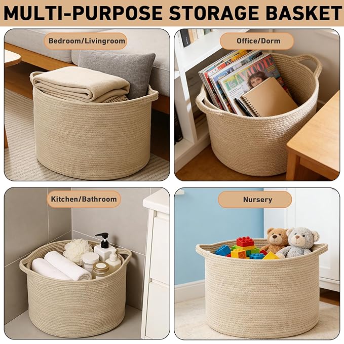 115L Extra Large Blanket Basket,Woven Rope Laundry Basket Hamper with Handles, Decorative Nursery Basket Storage Bin for Toys, Clothes Organizer, Living Room, Bedroom, Bathroom, Camel