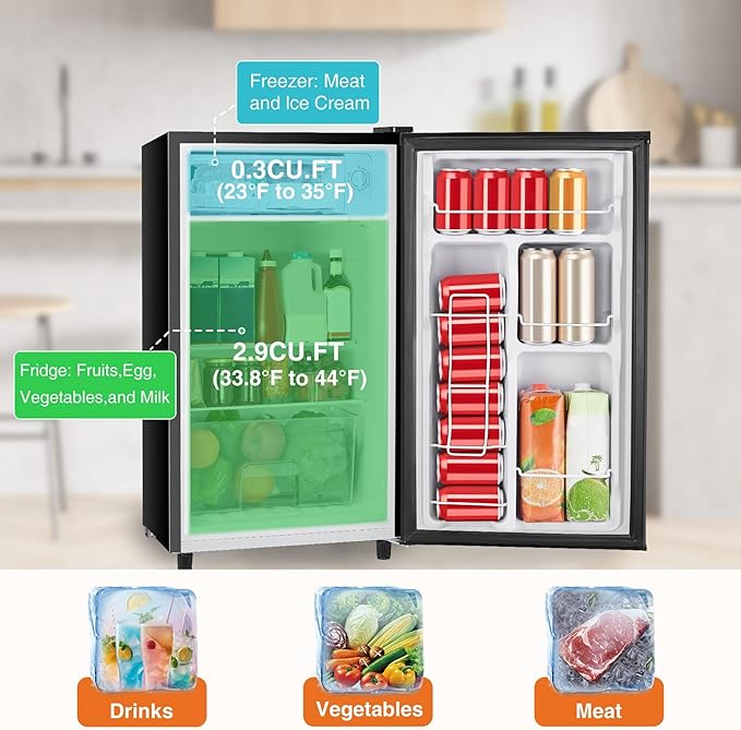 Sweetcrispy 3.2 Cu.Ft Mini Fridge with Freezer Small Refrigerator Single Door Adjustable Thermostat Energy-efficient Low Noise, Compact Fridge for Bedroom, Office, Dorm (Black)