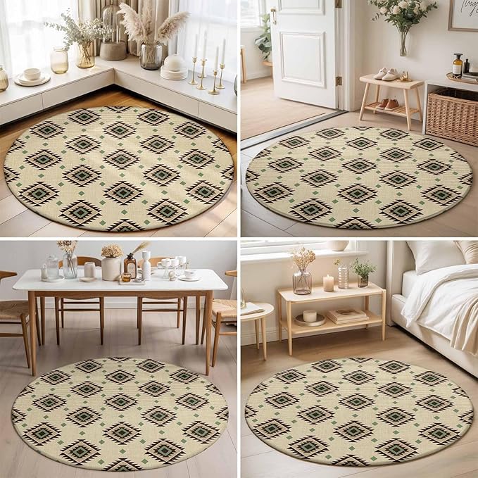 Washable Round Area Rug Boho Tribal Diamond Pattern Circle Rugs Floor Carpet for Living Room Bedroom, Ethnic Style Art Soft Non Slip Round Rug 3ft
