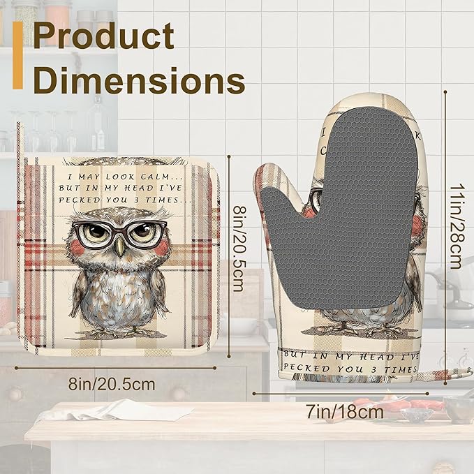 Funny Owl with Sunglasses Oven Mitts and Pot Holders Sets of 4, Heat Resistant Vintage Plaid Silicone Oven Mitts Gloves Non-Slip Kitchen Mittens Potholders for Cooking Baking Grilling BBQ