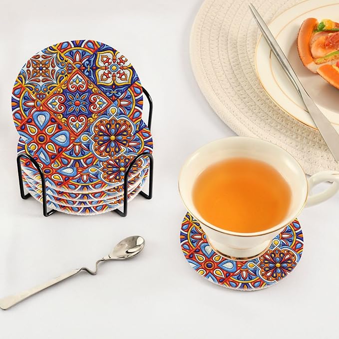 YETTASBIN Mexican Talavera 6 Pcs Drink Coasters with Holder, Cotton Woven Absorbent Heat-Resistant Round Coaster Non-Slip Table Mat for Kitchen Bar Home Decor Housewarming Gift, 3.9 in