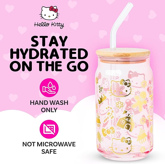 Silver Buffalo Sanrio Hello Kitty Gingerbread Cookies Christmas Holiday Pink and Gold Foil Glass Jar Tumbler with Bamboo Lid and Glass Straw, 16 Ounces
