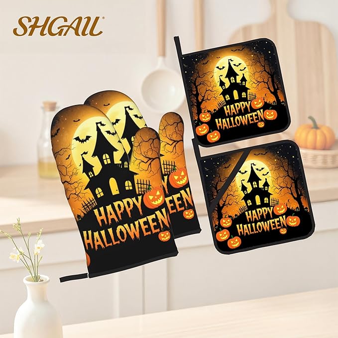 Happy Halloween Oven Mitts with Matching Potholders - Heat Resistant Kitchen Accessories for Baking, Grilling, Cooking, Gifts for Women