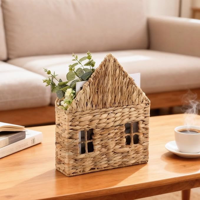 Wicker Magazine Holder Wall Basket Hanging Wall Mount Mail Rack Holder Storage Water Hyacinth House Shaped Woven Hanging Basket for Books & Files with Handle Home Office, 13.8 x 11 Inch