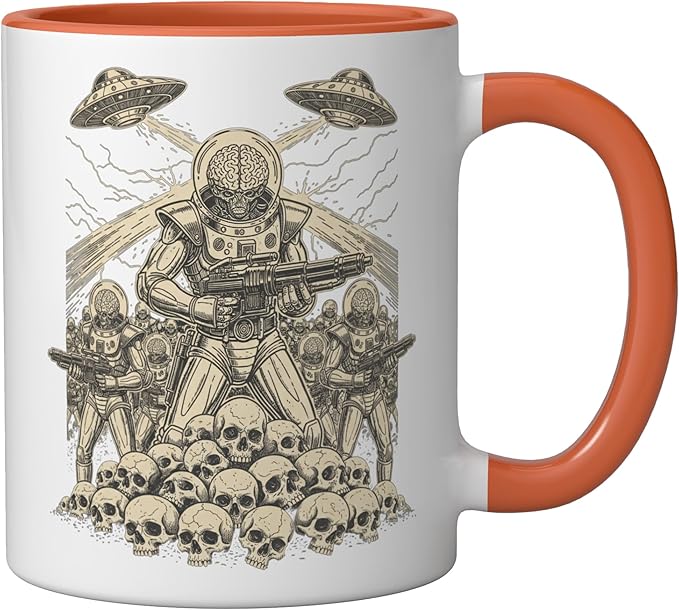 Alien Brain Soldier Retro Sci Fi Saucer Art Ceramic Mug, Orange/White