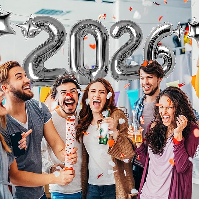 Upgraded, 42in Large 2026 Balloons Numbers, with 4pcs Star Balloon and Accessories, 3D Premium Aluminum Foil, Ideal Graduation Balloons for Graduation Decorations 2026, Grad Party Decorations, Silver