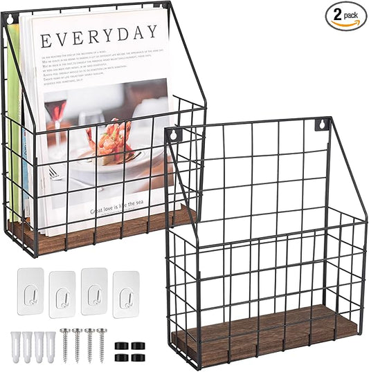 Mail Holder Magazine Basket - 2 Pack Black Wall Mount File Organizer Rack of Wooden Style with Adhesive Mounting - Metal Wire Hanging Sorter for Document Folders Newspaper Clipboard Brochure Display