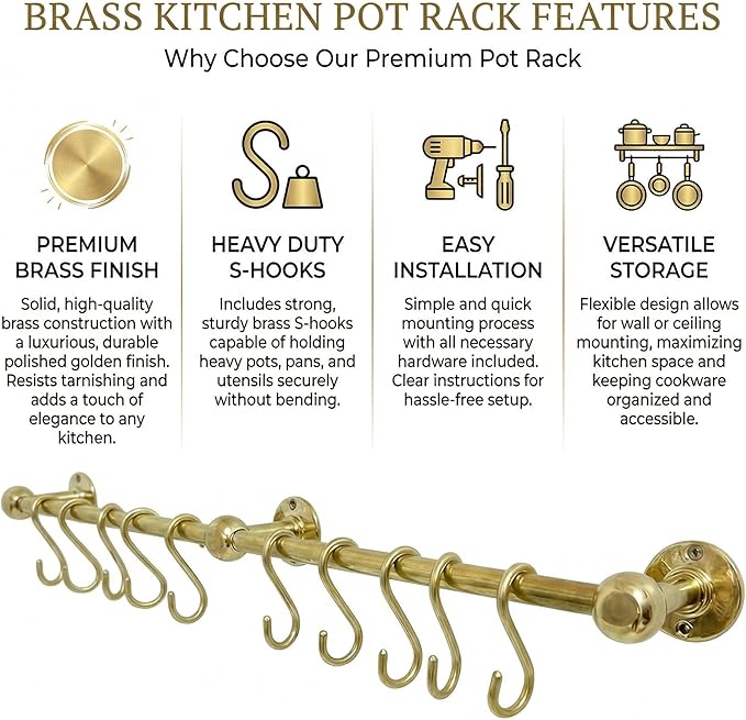 Unlacquered Solid Brass Pot Rail with S Hooks – Wall Mounted Pot Rack Rod for Pots & Pans, Kitchen Organizer, Vintage Brass Hanging Rail (44 inch (10 S-Hooks))