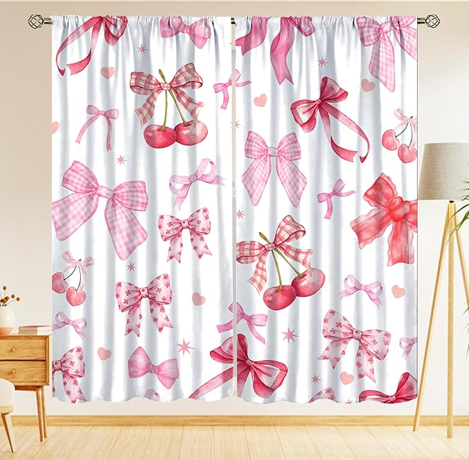Cherry Blackout Curtain,Pink Bowkont Girl Kids Sweet Aesthetic Fruit Window Treatment Curtains Dining Room Living Room Kitchen Cafe Bedroom Office Drapes,55x63 in