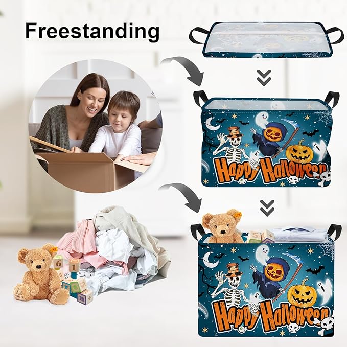 Clastyle Halloween Pumpkin Storage Basket Kid Spooky Book Gift Basket Empty Outdoor Graveyard Jack-o-lantern Boo Bin Baby Nursery Clothes Hamper Toy Box,Skeleton,40*30*30 cm