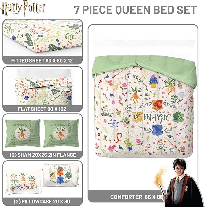 Jay Franco Harry Potter Queen Size Comforter Set - 7 Piece Bedding Includes Sheet Set & Pillow Covers - Super Soft Hogwarts Herbology Bedding