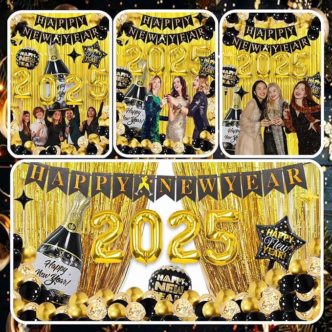 New Years Eve Party Supplies 2025, Gold and Black Balloons Supplies Set with 2025 Foil Balloon, Happy New Year Decorations 2025 Kit Latex Balloons New Year Banner Curtains Backdrop for NYE Decoration