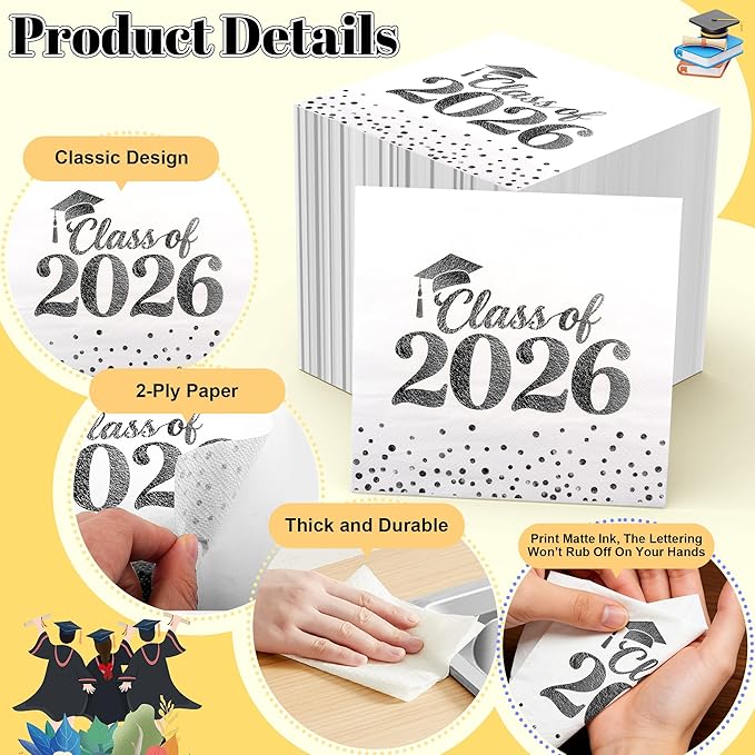 Graduation Napkins - Class of 2026 Napkins Disposable Paper Napkins Congrats Grad Cocktail Napkins Graduation Decorations 2026 Black Napkins Hand Towels for College Graduation Party Decorations 50 Pcs