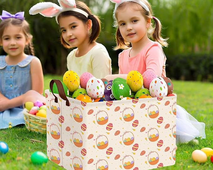 Large Rectangular Easter Baskets Empty Waterproof Boy Toy Box Foldable Kid's Gifts Storage Bin Spring Room Decor(Small Round Dot Gift Basket Egg)