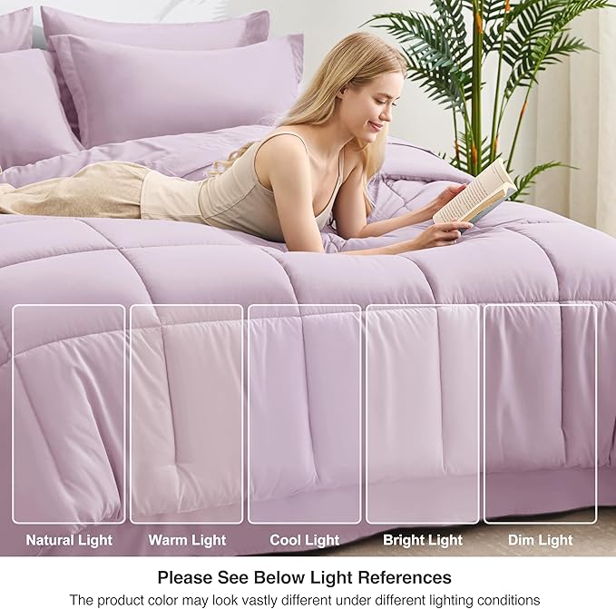 Love's cabin King Size Comforter Set Light Purple, 7 Pieces King Bed in a Bag, All Season Bedding Sets with 1 Comforter, 1 Flat Sheet, 1 Fitted Sheet, 2 Pillowcase and 2 Pillow Sham | Soft, Breathable, Lightweight, Comfortable