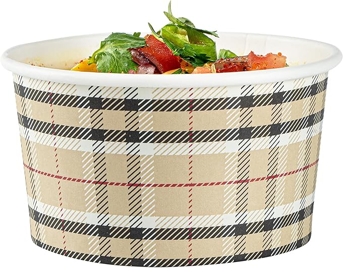Coppetta 8 Ounce Dessert Cups, 80 Disposable Ice Cream Cups - Lids Sold Separately, Sturdy, Plaid Paper FroYo Bowls, For Hot And Cold Foods, Perfect For Gelato Or Mousse - Restaurantware