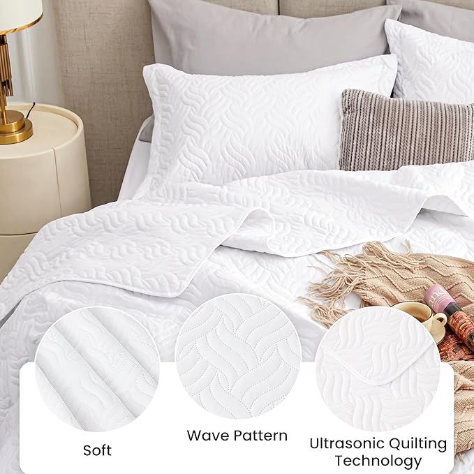 Love's cabin Twin Quilt Set White Bedspreads - Soft Bed Summer Lightweight Bedspread Comforter - Modern Style Wave Pattern Coverlet for All Season - 2 Pieces (1 Quilt, 1 Pillow Sham)