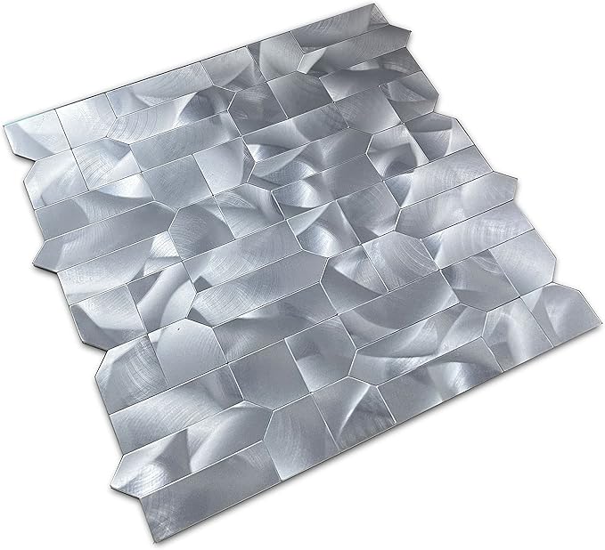 XUANINY 5-Sheet Peel and Stick Metal Backsplash Tiles, Self Adhesive Multiple-Shapes Aluminum Mosaic 3D Wall Sticker for Kitchen Bathroom Decor (5, Silver)