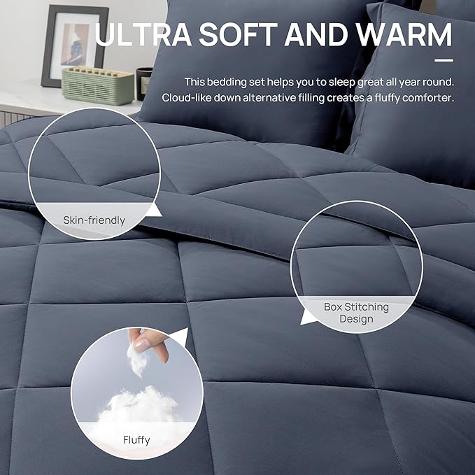 Love's cabin Twin Comforter Set Navy Blue, 5 Pieces Twin Bed in a Bag, All Season Bedding Sets with 1 Comforter, 1 Flat Sheet, 1 Fitted Sheet, 1 Pillowcase and 1 Pillow Sham | Soft, Breathable, Lightweight, Comfortable