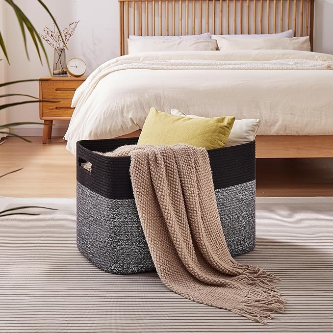 OIAHOMY 108L Extra Large Blanket Basket, 25”x16”x16” Laundry Basket, Blanket Storage for Living Room, Dog Toy Storage with Handle - Grey & Black