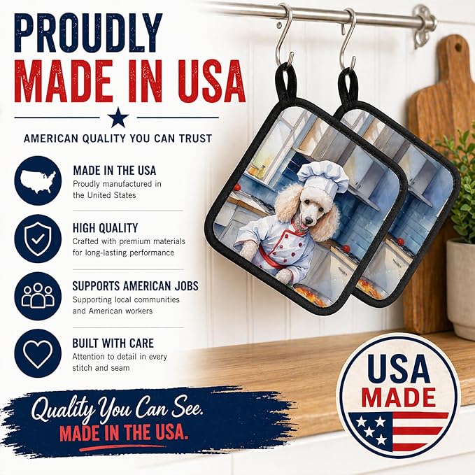 Caroline's Treasures White Poodle The Chef Pair of Pot Holders Kitchen Heat Resistant Pot Holders Sets Oven Hot Pads for Cooking Baking BBQ, 7 1/2 x 7 1/2
