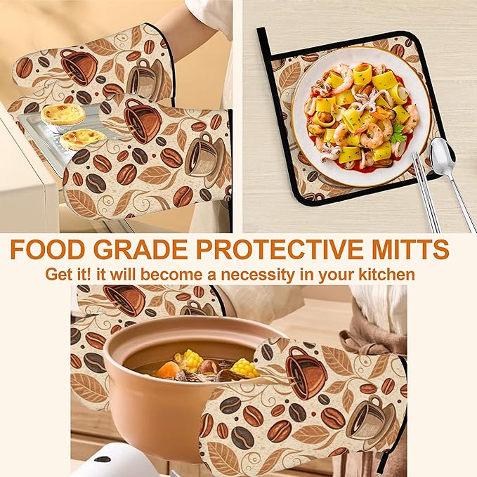 Vintage Coffee Leaves Oven Mitts and Heat Resistant Pads - Heat Resistant Gloves Potholder Set of 4 for Cooking, BBQ, Gifts for Women