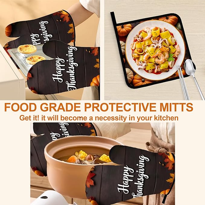 Happy Thanksgiving Pumpkin Oven Mitts with Matching Potholders - Heat Resistant Kitchen Accessories for Baking, Grilling, Cooking, Gifts for Women