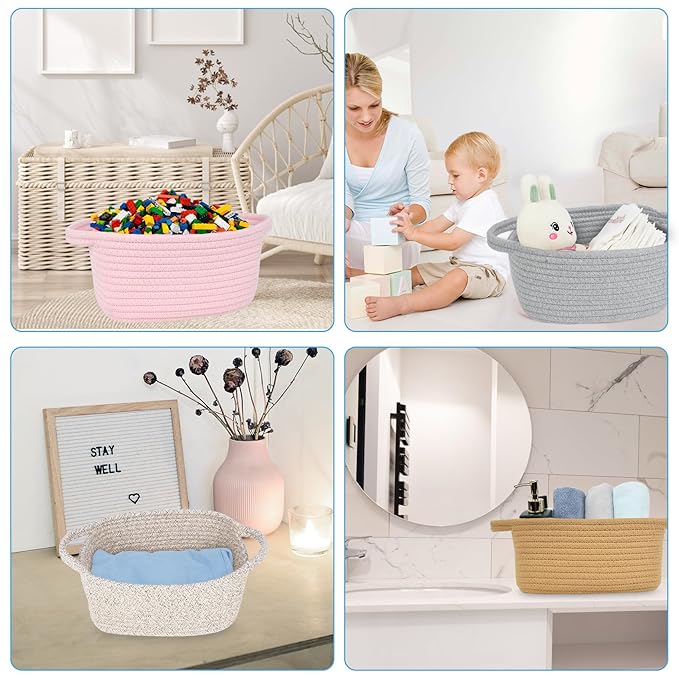 ABenkle Small Storage Basket, Mini Basket, Cute Tiny Cotton Rope Woven Basket, Shelf Basket, Boho Decorative Toy Storage Bin Gift Baskets, White