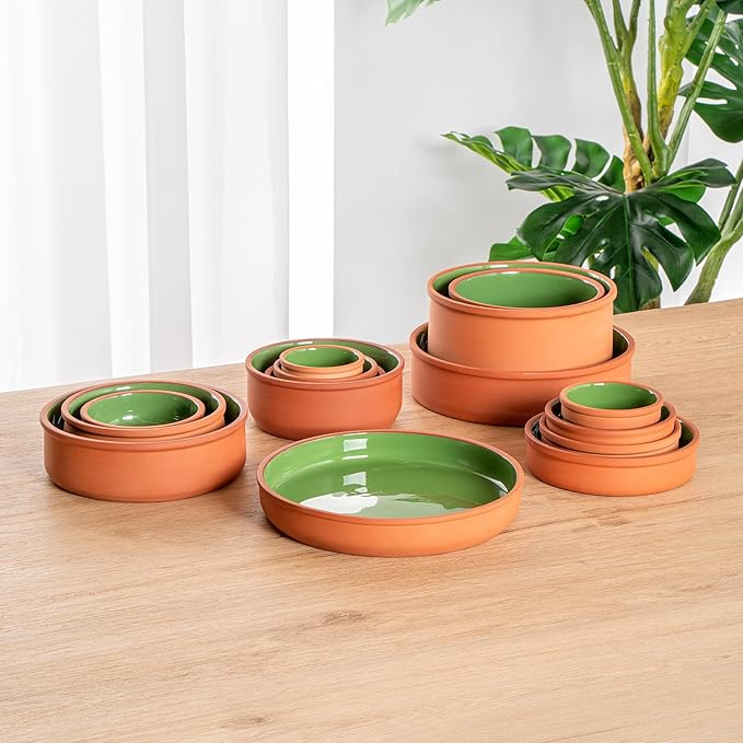Restaurantware-Terra Tek 34 Ounce Terracotta Cazuelas, 2 Green Glazed Clay Pots For Cooking - Oven-Ready, Microwavable, Terracotta Serving Pots, Dishwashable, For Cooking And Serving