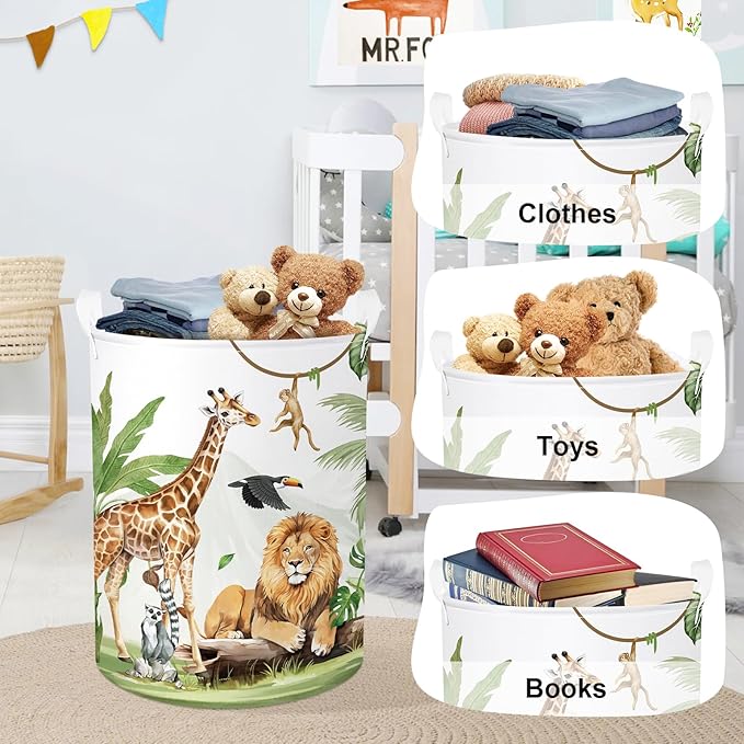 Safari Animals Baby Laundry Hamper Collapsible Clothes Kids Storage Basket Giraffe Lion Large Boys Girls Gift Toy Box Bin for Nursery, Monkey, 63L