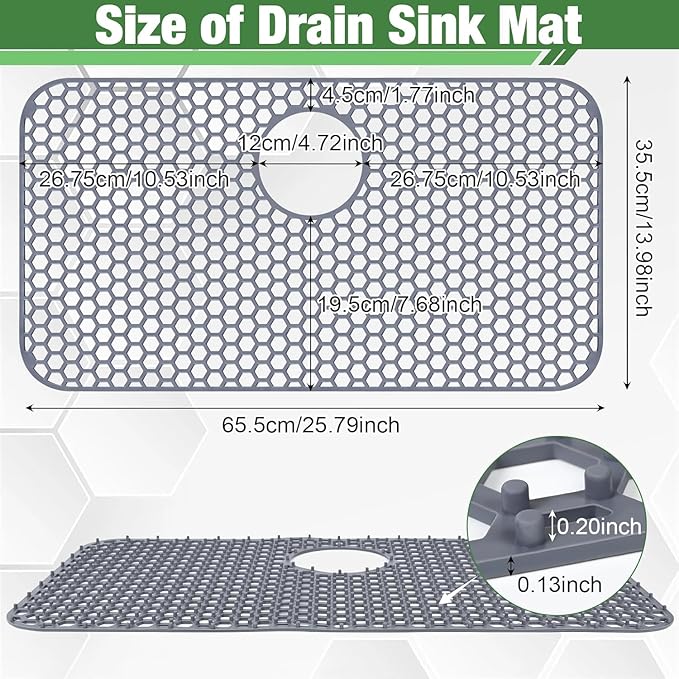 Sink Protectors Mat - 25.79"x13.98" Kitchen Sink Pad for Bottom of Basin for Protection of Stainless Steel and Tableware, Farmhouse Rubber Basin Mat Protector with Rear Drain - Light Gray