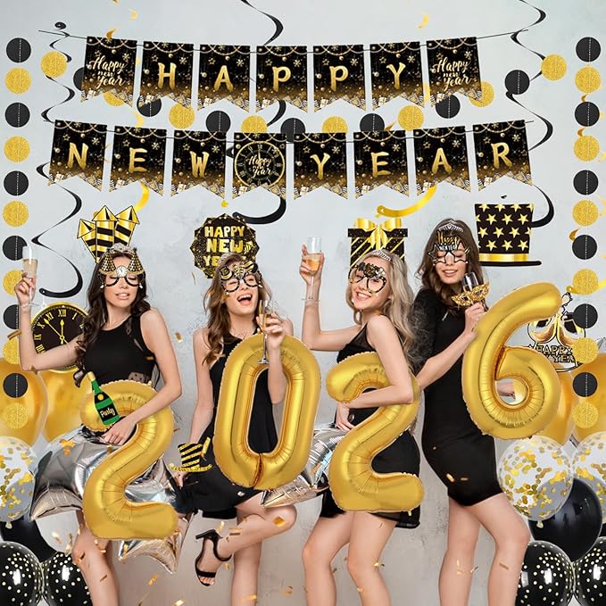 63 Pieces New Years Eve Party Supplies 2026 , Happy New Year Banner,Paper Glasses,Paper Photo Props,Hanging Swirls,Black Gold Circle Dots Garland and 2026 Foil balloons for New Years Party Decorations
