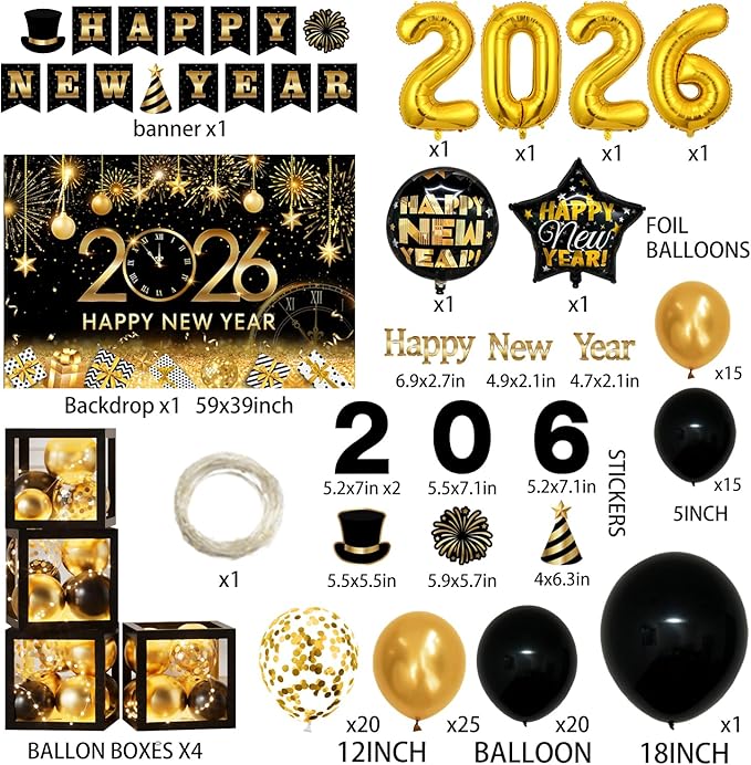 119Pcs New Years Eve Party Supplies -2026 Balloon Arch Garland Kit with Backdrop,Banner,Balloon Boxes for Happy New Year Decorations 2026