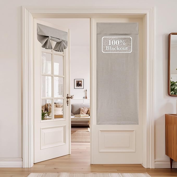 NICETOWN 100% Blackout Linen Door Curtain for French Front Door, Thermal Insulated Room Darkening Window Covering for Kitchen Living Room, Privacy Tie Up Shade, 1 Panel, 36W x 69" L, Light Grey