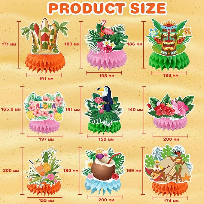 Luau Party Decorations - 9 PCS Hawaiian Honeycomb Table Centerpiece for Tiki and Luau Hawaiian Party Favors Supplies | Tropical Party Decorations for Summer Beach Pool Birthday Wedding