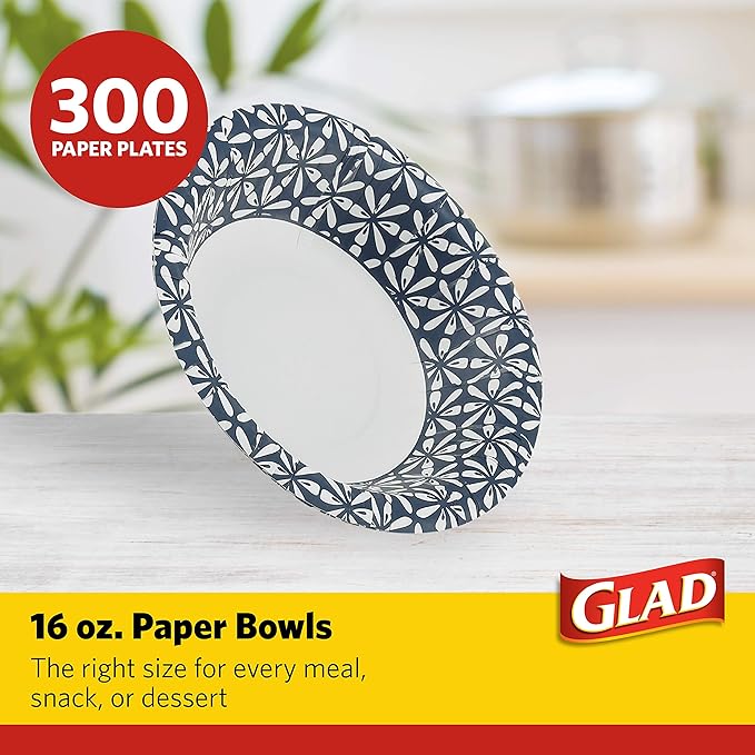Glad Round Disposable Paper Bowls, Blue Mosaic Design - Heavy Duty, Soak-Proof, Cut-Resistant, Microwavable Paper Bowls for All Foods, Daily Use, and Special Occasions, 16 oz, 50 Count - 6 Pack