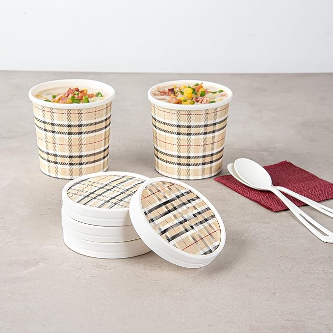 Restaurantware-LIDS ONLY: Bio Tek Soup Container Lids, 200 Disposable Bowl Lids For 12 Ounce Soup Cups - Containers Sold Separately, Vented, Plaid Print Paper Soup Container Lids, Round,