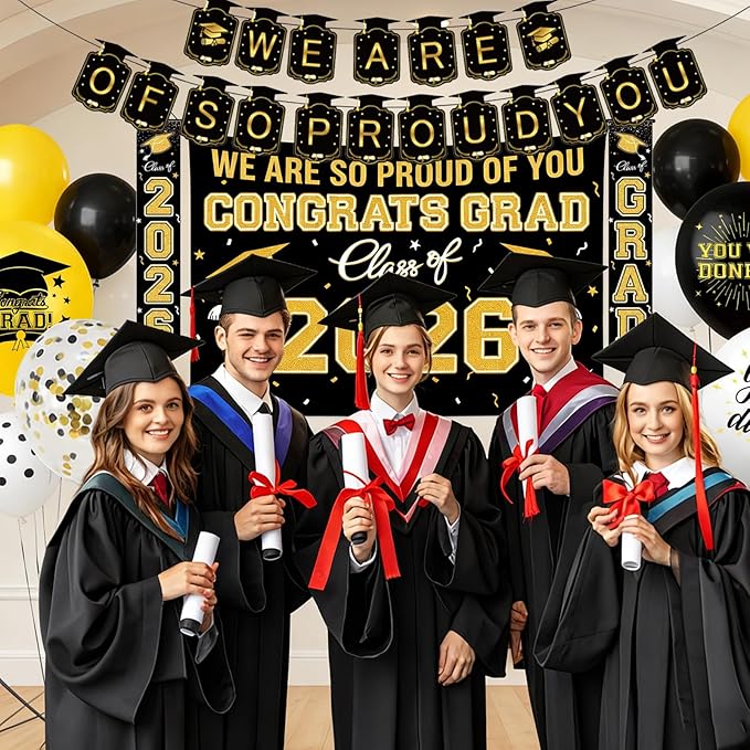Graduation Decorations 2026 Themed Set - All-in-One Party Supplies with Backdrop & Tablecloth, Congrats Grad Banner for High School College Class of 2026 Decor