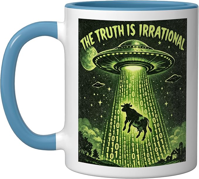 UFO The Truth Is Irrational Cow Abduction 3.14 Math Pi Day Ceramic Mug, Blue/White