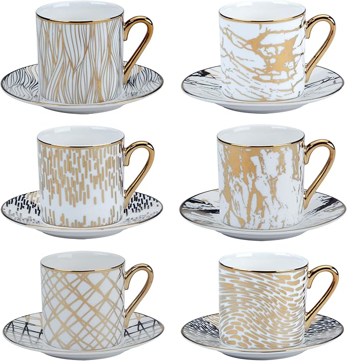 Matrix Gold Porcelain Espresso Cup & Saucer Set – 6 Assorted Modern Designs with Gold Plated Accents – Elegant Espresso Cups for Entertaining, Gift-Giving & Home Décor