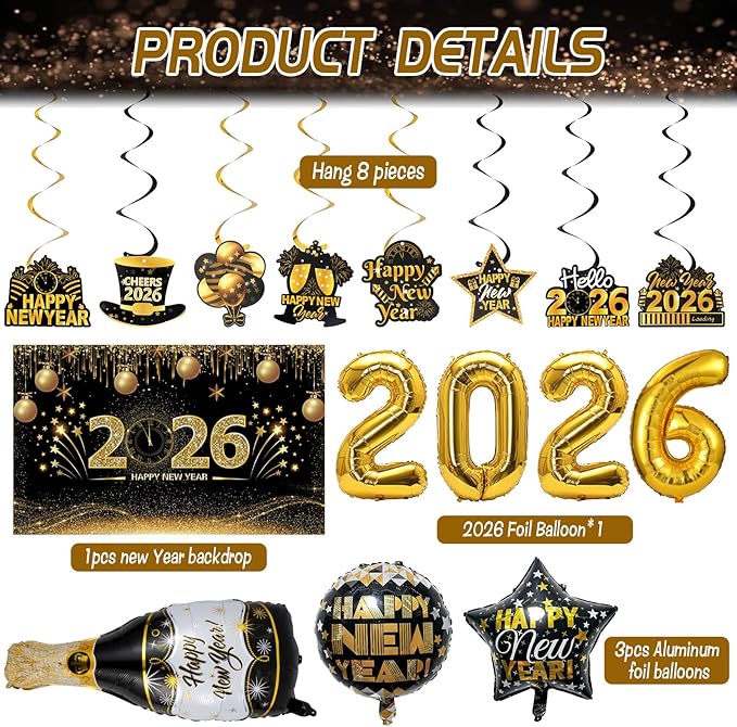 New Years Eve Party Supplies 2026, New Years Decorations Backdrop Banner 2026 Balloons Fringe Curtains Foil Balloons Swirls for NYE Party Backdrop Decor