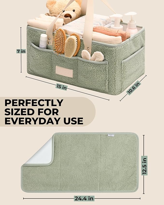 Baby Diaper Caddy Organizer with Portable Changing Mat - Teddy Fleece Diaper Organizer for Changing Table - Basket for Changing Essentials - Baby Essentials Organizer with Removable Dividers