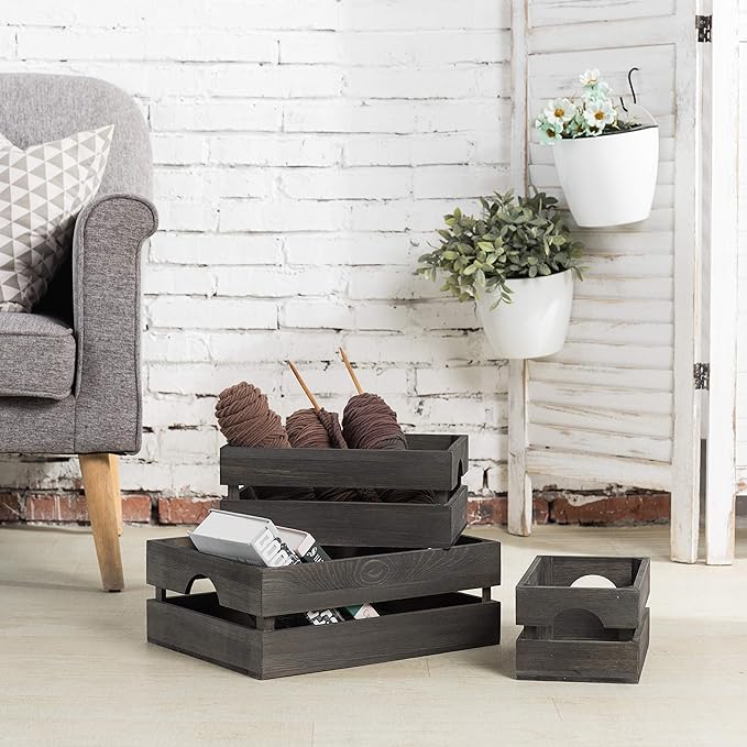 MyGift Rustic Gray Solid Wood Storage Organizer Box with Handle, 3 Piece Various Size Decorative Nesting Crate