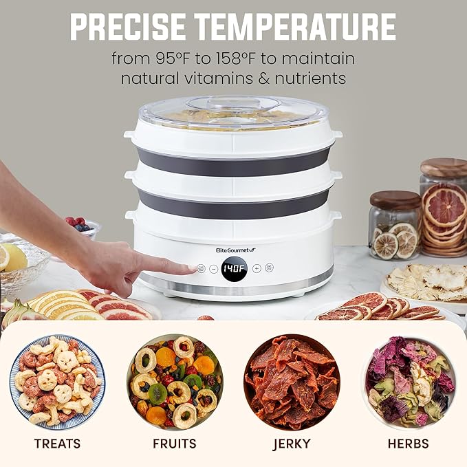 Elite Gourmet EFD329WD Digital Food Dehydrator with 5 BPA Free SlimStore™ Collapsible Trays for Compact Storage, Adjustable Timer and Temperature Controls, Jerky, Herbs, Fruit, Veggies, Snacks, White