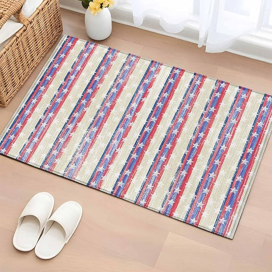 Area Rug 2x3ft, American Star Stripe Washable Rugs for Living Room Bedroom, Retro Independence Day Theme Soft Non-Slip Area Rugs Rectangle Floor Carpet for Dining Room