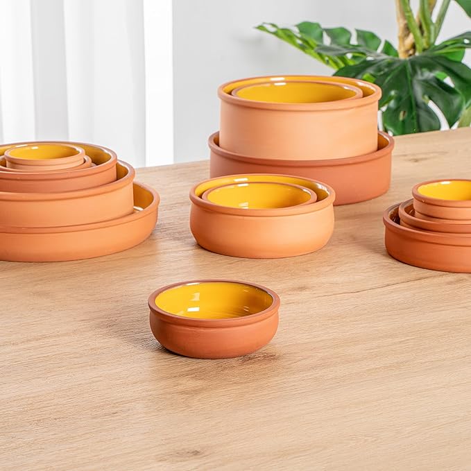Restaurantware-Terra Tek 6.8 Ounce Terracotta Cazuelas, 2 Yellow Glazed Clay Pots For Cooking - Oven-Ready, Microwavable, Terracotta Serving Pots, Dishwashable, For Cooking And Serving