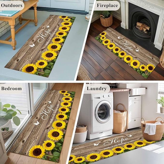 Runner Rug for Bedroom Hallway, Farm Sunflower Positive Energy Quote Kitchen Runner Rugs Area Rug 2x6ft, Retro Dark Brown Wood Grain Washable Soft Floor Carpet for Entryway Stair