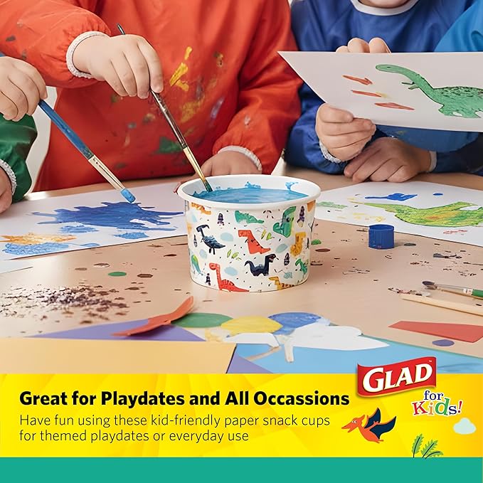 Glad for Kids Mini Dinosaurs Paper Snack Bowls, Colorful Heavy Duty Microwave Safe Disposable Bowls for Soup, Ice Cream, and Snacks, Lids Not Included, Multicolor, Party Pack, 6 Oz, 20 Count