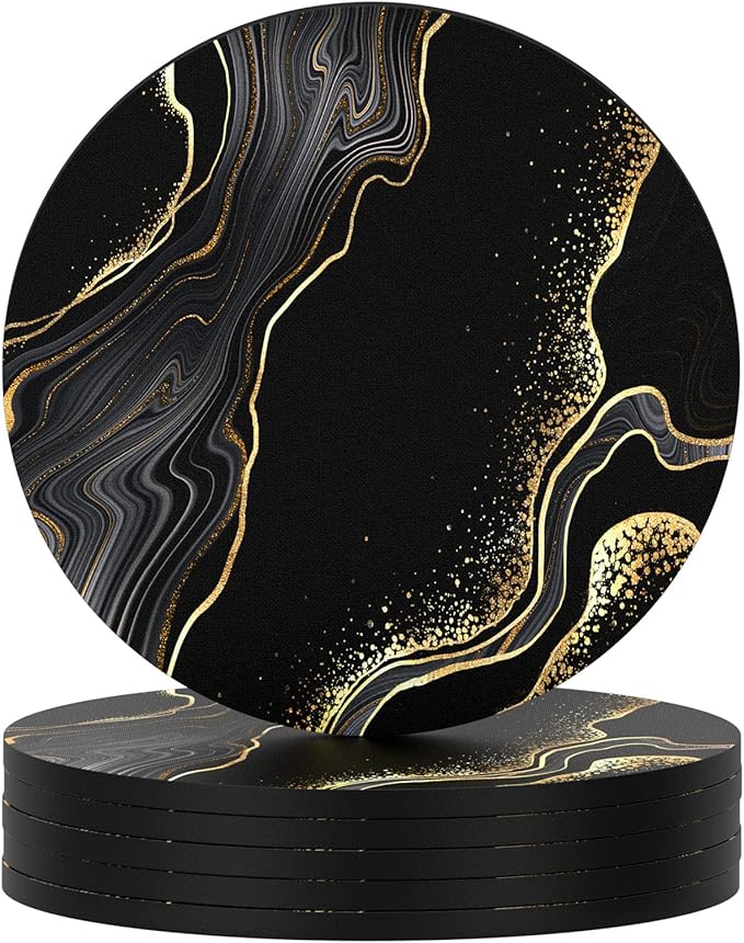 Nipichsha Coasters for Drinks, Set of 6 Cute Absorbent Rubber Drink Coasters for Cup with Non Slip Backing, Kitchen Home Decor Housewarming Gift, Round 4 in, Luxury Black Marble