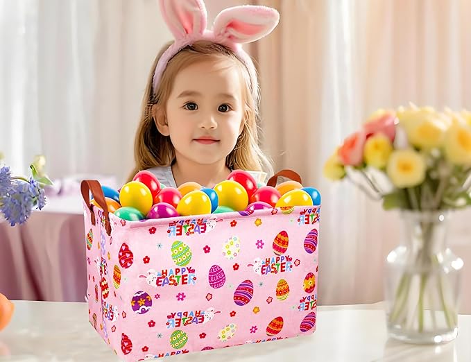 Large Rectangular Easter Baskets Empty Waterproof Boy Toy Box Foldable Kid's Gifts Storage Bin Spring Room Decor(HAPPY Pink Rabbit Egg)